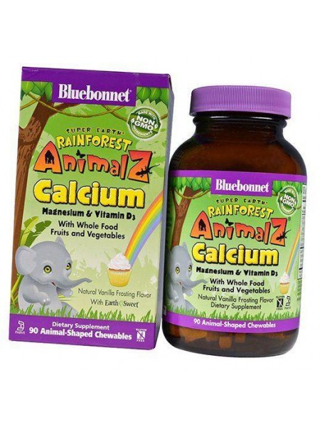 Кальцій Магній Вітамін Д3 для дітей Animalz Calcium Bluebonnet Nutrition 90таб Ваніль (36393080)