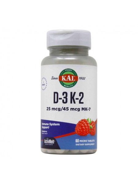 Вітаміни Д-3 і K-2 Vitamin D-3 K-2 KAL смак червоної малини 1000 МО/45 мкг MK-7 60 мікротаблеток