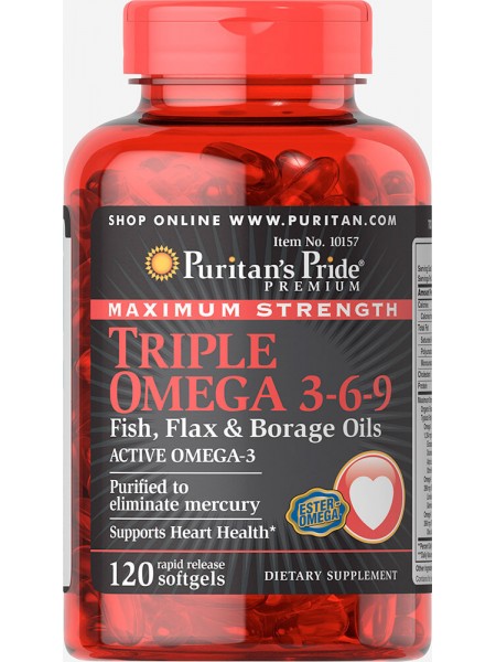 Олія льону та бораго Омега 3-6-9 Puritans Pride 120 капсул (32050)