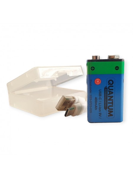 Акумулятор літій-іонний Quantum USB Li-ion 9 V, 400 mAh plastic case + Type-C кабель, 1 шт./уп