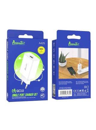 Мережевий зарядний пристрій Avantis A425 QC3.0 (1USB/3A/18W) + USB-кабель Type-C-білий