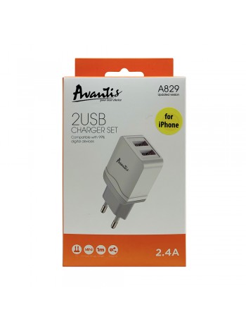 Мережевий зарядний пристрій Avantis A829 (2USB/2.4A) + USB-кабель Lightning-білий