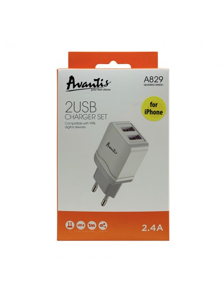 Мережевий зарядний пристрій Avantis A829 (2USB/2.4A) + USB-кабель Lightning-білий