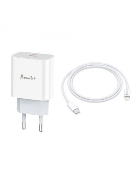 Мережевий зарядний пристрій Avantis A838 Plus QC3.0 (PD 20W) + Кабель Type-C — Lightning-білий