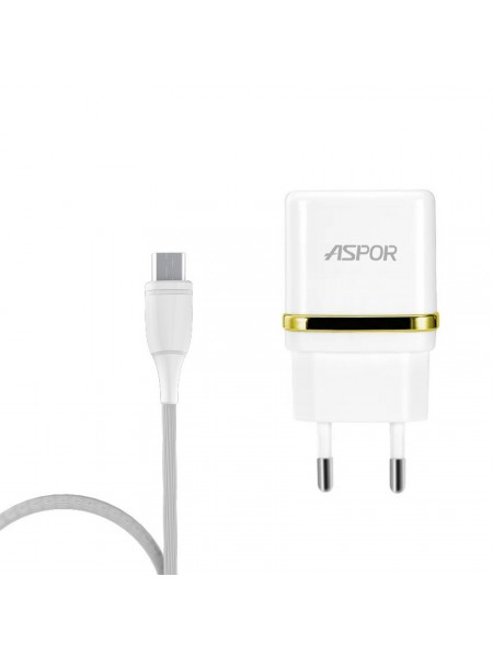 Мережевий зарядний пристрій для Aspor A828 Eco 2USB/2.4 A + кабель USB — Type-C — білий