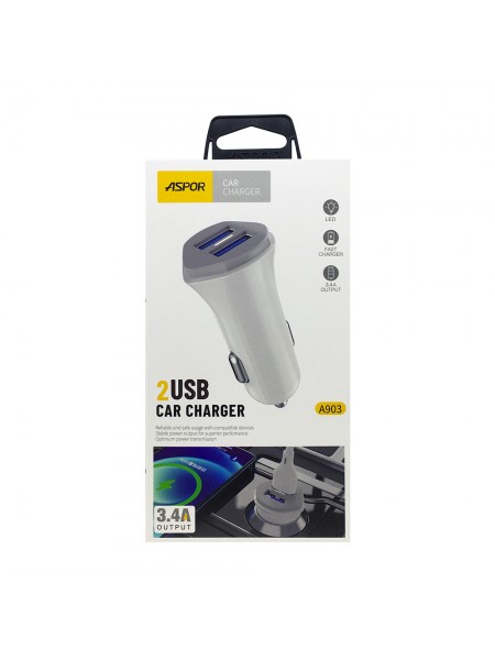 Автомобільний зарядний пристрій Aspor A903 (2USB/3.4A) — білий