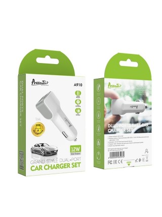 Автомобільний зарядний пристрій Avantis A910 Grand style (2 USB/2.4 A) + USB кабель Lightning-білий
