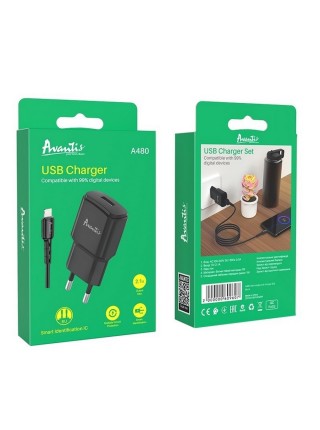 Мережевий зарядний пристрій Avantis A480 Orion (1USB/2.1A) + USB-кабель Lightning- чорний