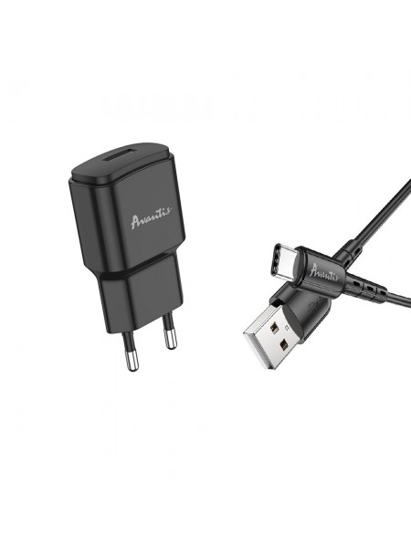 Мережевий зарядний пристрій Avantis A480 Orion (1USB/2.1A) + USB-кабель Type-C чорний