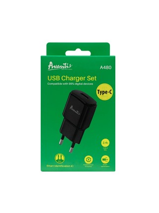Мережевий зарядний пристрій Avantis A480 Orion (1USB/2.1A) + USB-кабель Type-C чорний