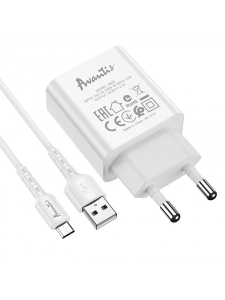 Мережевий зарядний пристрій Avantis A820 (1USB/2.4 A) + USB-кабель Micro-білий