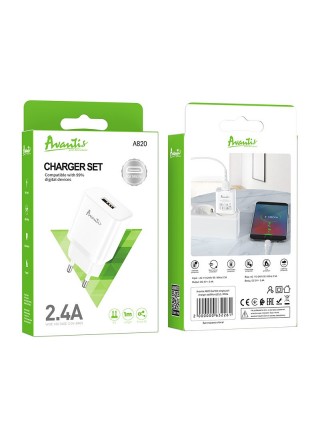 Мережевий зарядний пристрій Avantis A820 (1USB/2.4 A) + USB-кабель Micro-білий