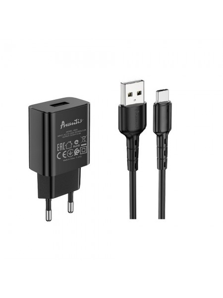 Мережевий зарядний пристрій Avantis A820 (1USB/2.4A) + USB-кабель Type-C чорний