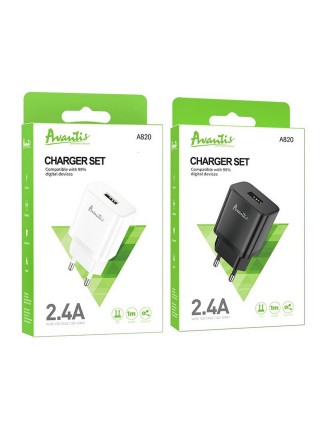 Мережевий зарядний пристрій Avantis A820 (1USB/2.4A) + USB-кабель Type-C чорний