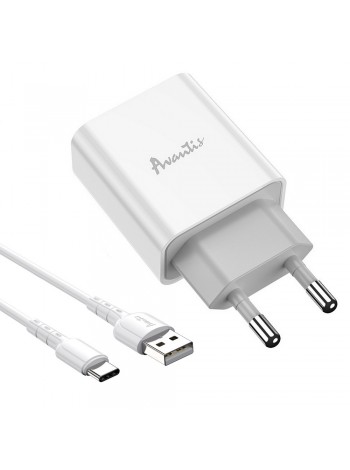 Мережевий зарядний пристрій Avantis A825 (1USB/2.1A) + USB-кабель Type-C-білий