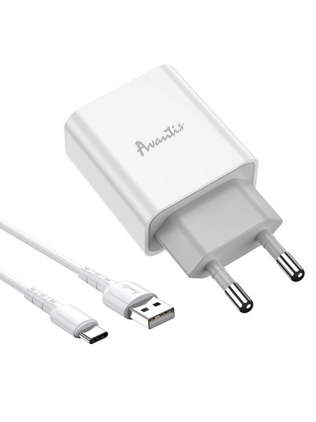 Мережевий зарядний пристрій Avantis A825 (1USB/2.1A) + USB-кабель Type-C-білий