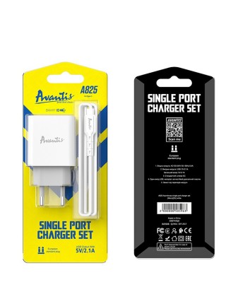 Мережевий зарядний пристрій Avantis A825 (1USB/2.1A) + USB-кабель Type-C-білий