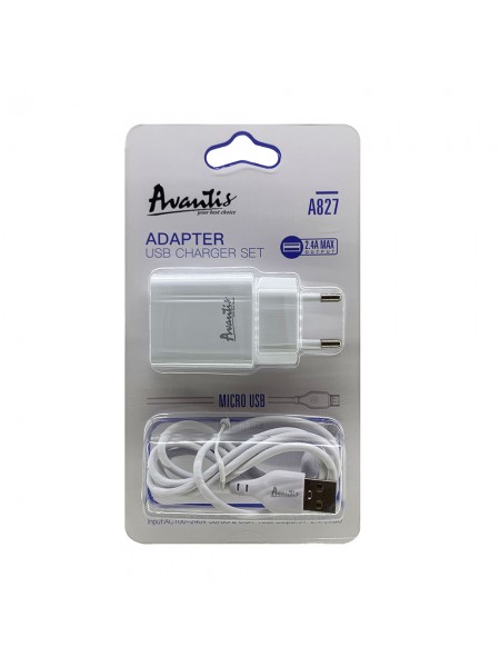 Мережевий зарядний пристрій Avantis A827 (1USB/2,4A) + USB-кабель Micro-білий