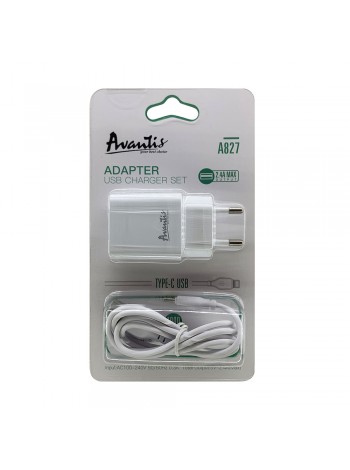 Мережевий зарядний пристрій Avantis A827 (1USB/2,4A) + USB-кабель Type-C-білий