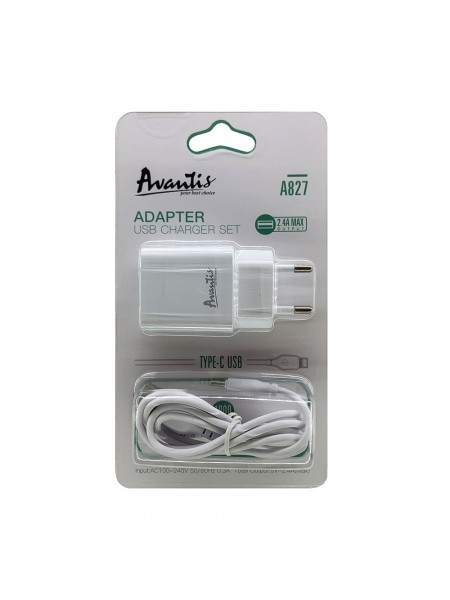 Мережевий зарядний пристрій Avantis A827 (1USB/2,4A) + USB-кабель Type-C-білий