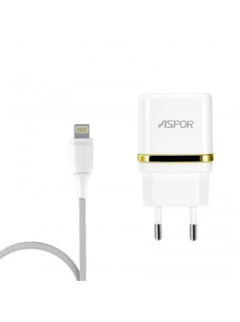 Мережевий зарядний пристрій Aspor A828 Eco 2USB/2.4 A + кабель USB — Lightning-білий