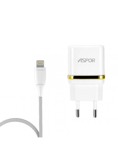Мережевий зарядний пристрій Aspor A828 Eco 2USB/2.4 A + кабель USB — Lightning-білий