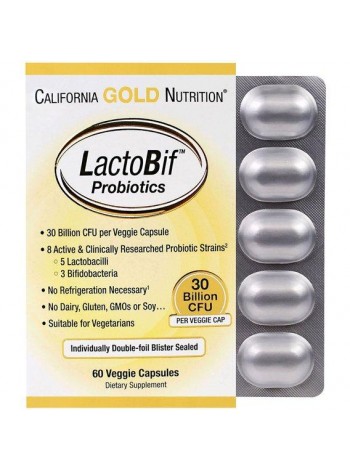 Пробиотик California Gold Nutrition LactoBif Probiotics, 30 Billion CFU 60 Veg Caps CGN00965