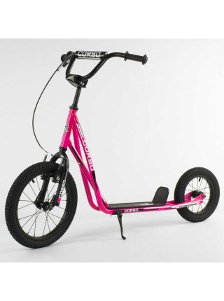 Самокат дитячий Corso надувні колеса переднє 16" / заднє 12" + ручне переднє гальмо Pink (86802)