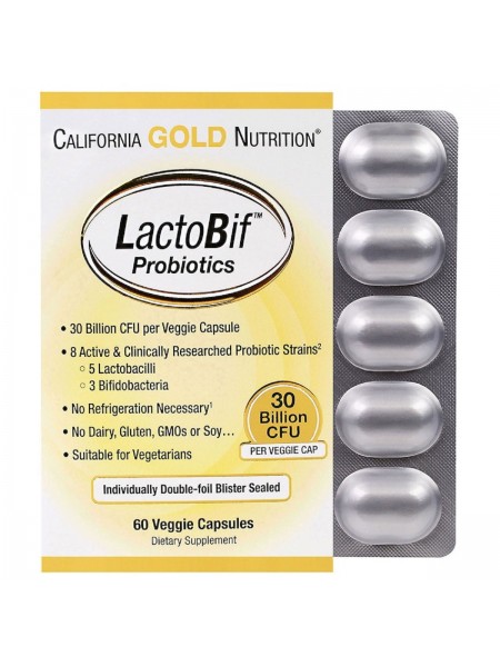 Пробіотики LactoBif, Probiotics, California Gold Nutrition, 30 млрд КУО, 60 овочевих капсул