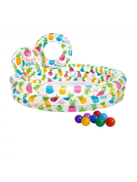 Дитячий надувний басейн Intex 59469-1 Ананас 132 х 28 см з м'ячем і кругом з кульками 10 шт.