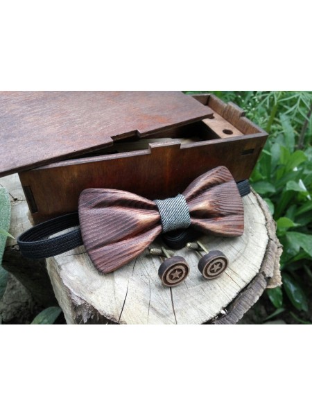 Набір дерев'яна метелик краватка 3D Джинс ручної роботи, серія Зирикот + Запонки + рожник