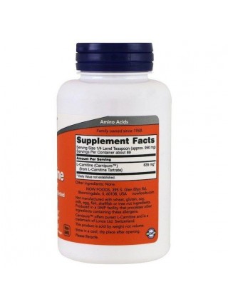 Карнитин NOW Foods L-Carnitine, Pure Powder, 3 oz 85 g /89 servings/ NF0217