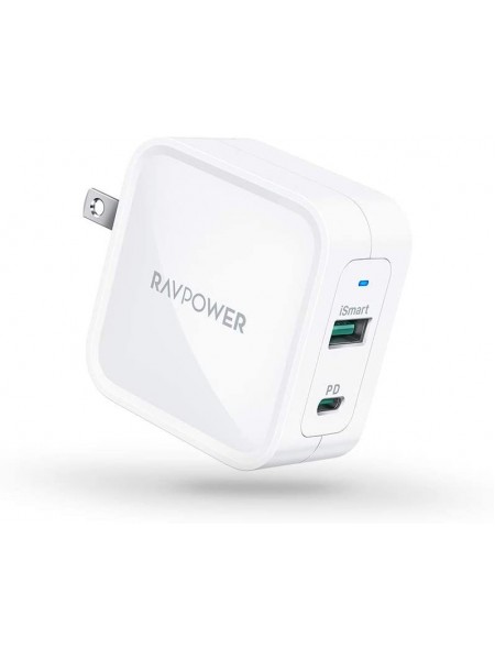 RAVPower 65W 2-Port PD Charger GaN Fast Charging Wall Charger Adapter with Foldable Plug for iPad Pro