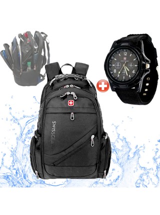 Рюкзак SwissGear з відділенням для ноутбука та чохлом від дощу 35 л Чорний + Чоловічий кварцовий годинник Swiss