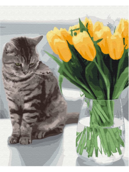 Картина за номерами BrushMe "Котик із тюльпанами" 40х50 см BS52638