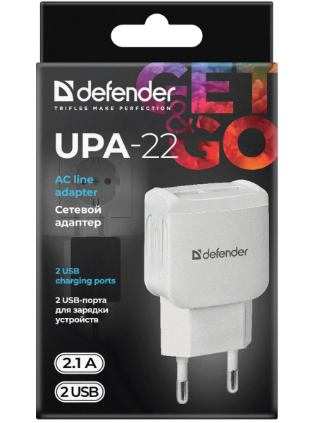 Мережевий зарядний пристрій Defender UPA-22 White, 2xUSB, 2.1 A (83580) (6505068)