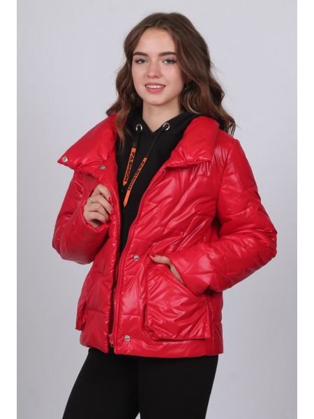 Куртка жіноча демісезонна з асиметричним коміром Актуаль 327 лак червоний 44