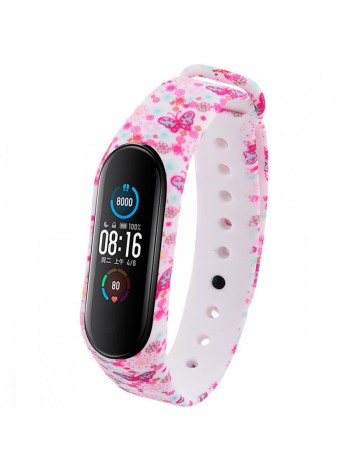 Силіконовий ремінець Epik з малюнком для Xiaomi Mi Band 5 Матовий / Рожеві метелики / Білий