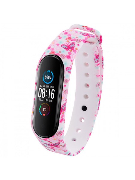 Силіконовий ремінець Epik з малюнком для Xiaomi Mi Band 5 Матовий / Рожеві метелики / Білий
