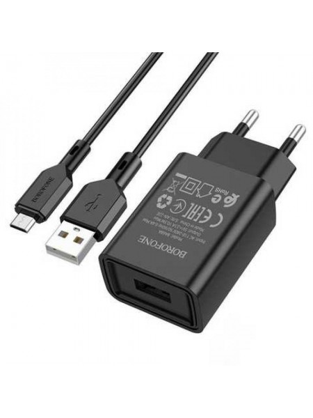 Мережевий зарядний пристрій Borofone BA68A Smart ID USB — microUSB 1USB 2.1A Black