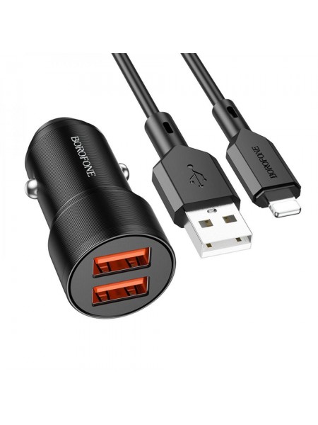 Автомобільний зарядний пристрій Borofone BZ19 Wisdom metal 2 USB 5 V / 12 W 2.4 A USB — Lightning 1 m Чорний