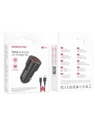 Автомобільний зарядний пристрій Borofone BZ19 Wisdom QC3.0 metal 2 USB 5 V / 12 W 2.4 A USB — Type-C 1 m Чорний