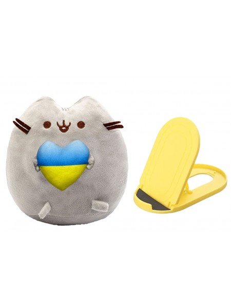 М'яка іграшка S&T Пушин кет із серцем у лапках 25 см Сірий і Підставка для ґаджетів Жовтий (n-10384)