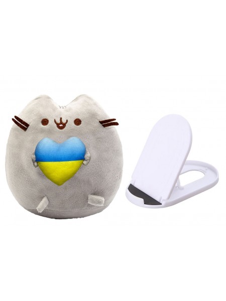 М'яка іграшка S&T Пушин кет із серцем у лапках 25 см Сірий і Підставка для ґаджетів Білий (n-10399)