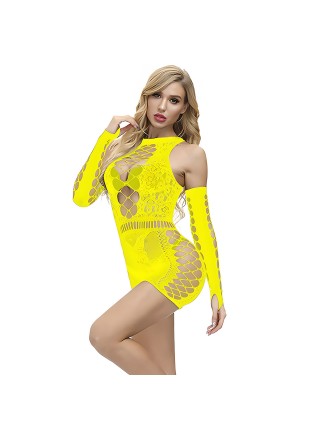 Сексуальне плаття сітка бодистокінг жовтого кольору з рукавичками We Love