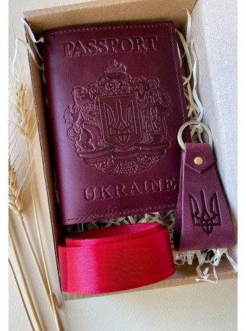 Подарунковий набір шкіряних аксесуарів з українською символікою бордовий BlankNote