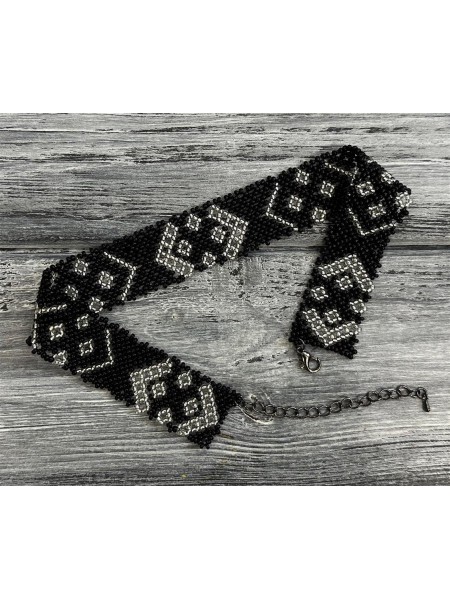 Традиційне українське намисто чокер із бісеру HatynkaUA Necklace в етностилі ручної роботи Black-Silver